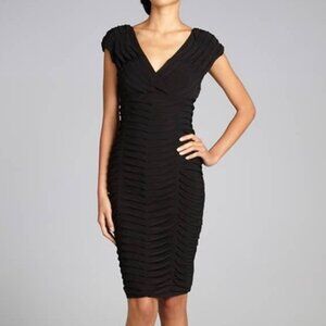 Tadashi Shoji Silk Dress Black Lace Ruched Knee Length Cap Sleeves Stretch 8